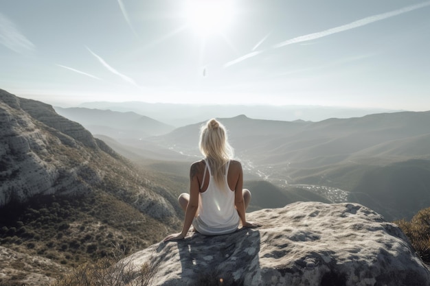 Frau, die auf einem Felsen sitzt, der die Berge betrachtet