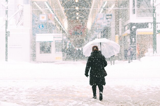 Frau, die auf Straßen in der Wintersaison geht