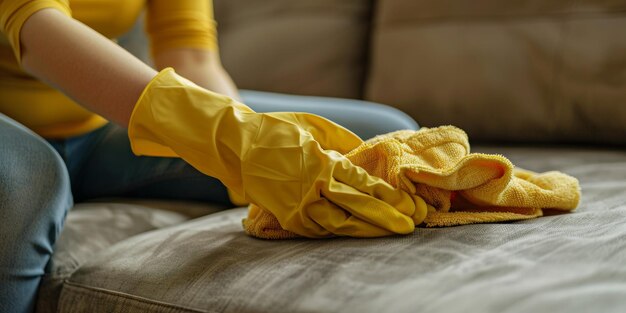 Frau, die das Haus putzt und Handschuhe trägt Generative KI