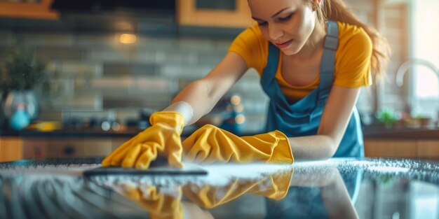 Foto frau, die das haus putzt und handschuhe trägt generative ki