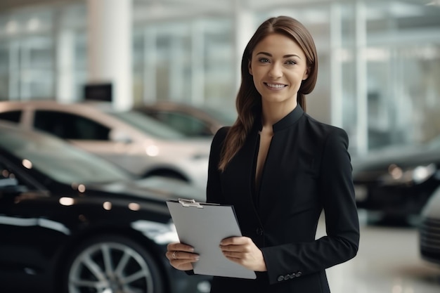 Frau, die ein Auto im Autohaus auswählt