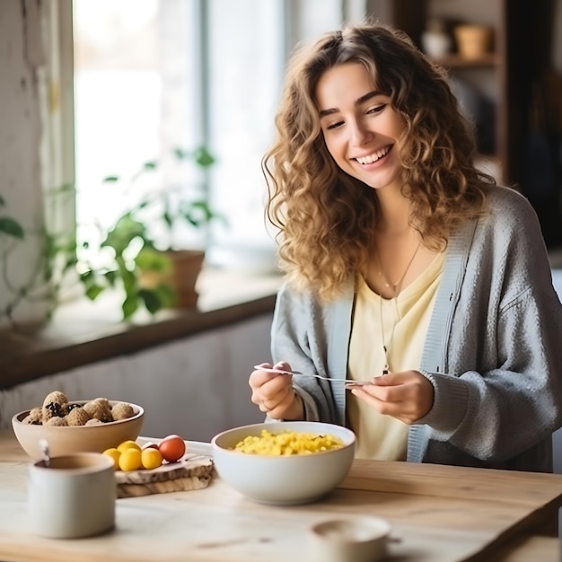 Frau, die ein gesundes Frühstück mit Müsli isst