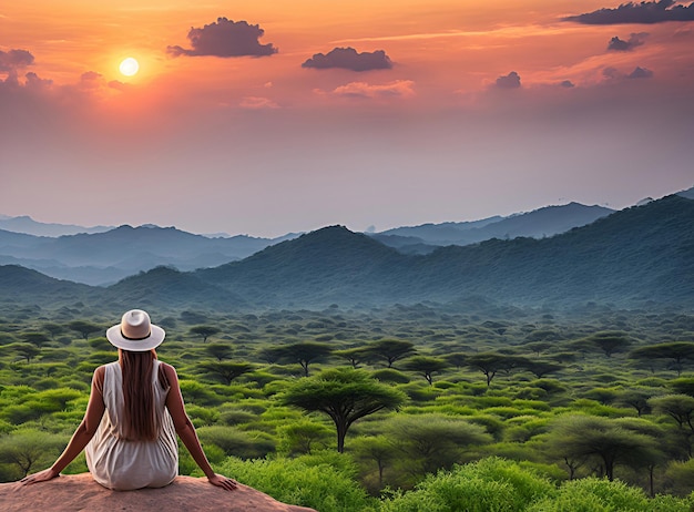 Frau, die eine Landschaft in der afrikanischen Savanne beobachtet, erzeugte ai