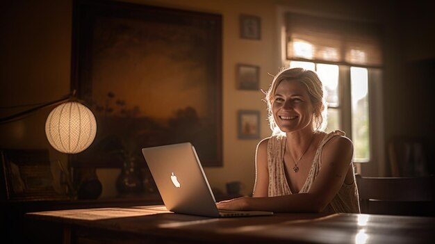 Frau, die einen Laptop in einem warmen Wohnzimmer anlächelt, generative KI AIG21