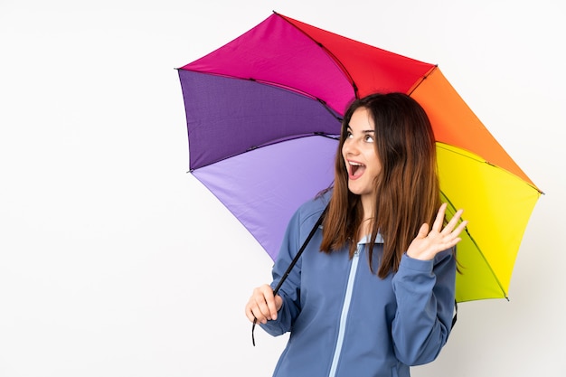 Frau, die einen Regenschirm auf Weiß mit überraschendem Gesichtsausdruck hält