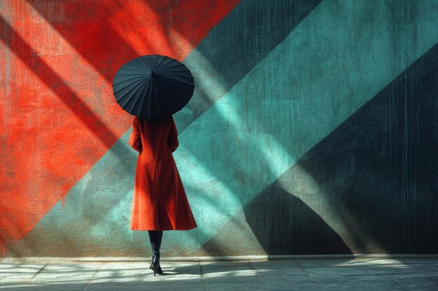 Foto frau, die einen regenschirm hält, während sie vor einer geschnittenen wand steht