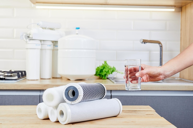 Frau, die Glas reines Wasser am Tisch hält Weibliche Hände, die transparentes Glas Wasser halten
