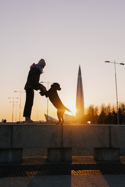 Frau, die ihren hund bei sonnenuntergang schönen sonnenuntergang vor dem hintergrund moderner gebäude spazieren geht