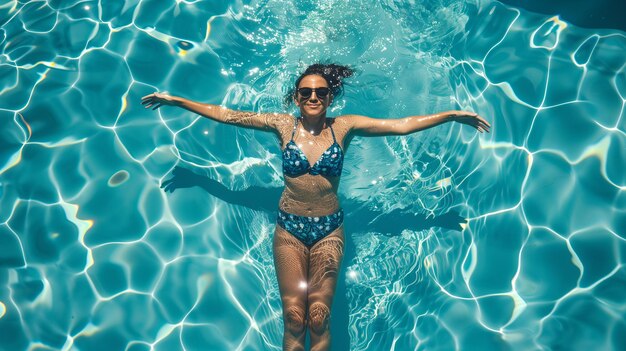 Foto frau, die im hotel-schwimmbad schwimmt