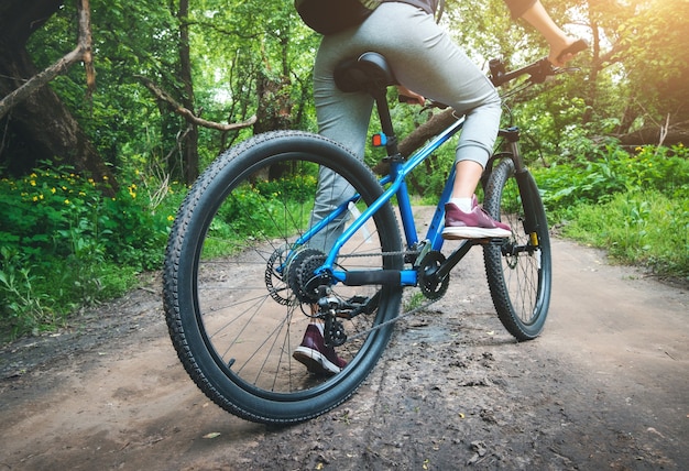 Frau, die im Sommer bei Sonnenuntergang ein blaues Fahrrad im Wald fährt. Bunte Landschaft mit sportlichen Mädchen, die Mountainbike fahren, Schotterweg, grüne Bäume. Rückansicht. Sport, Extrem und Reisen. Nahaufnahme des Zyklus