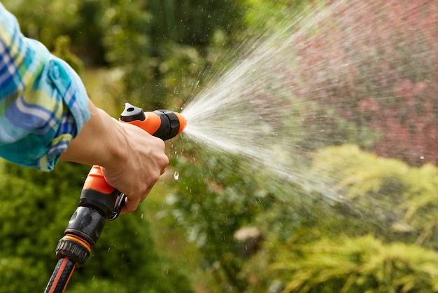 Frau, die im Sommer Pflanzen im Garten wässert