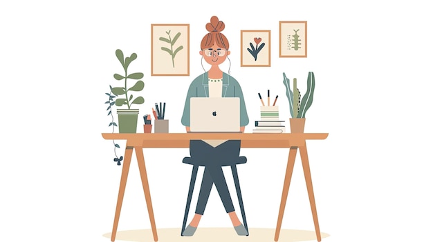 Frau, die in einem großen Büro arbeitet, minimalistischer Fancy-Stil Illustration weißer Hintergrund ar 169 Stil