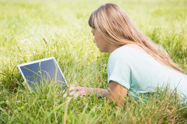 Frau, die Laptop im Park verwendet