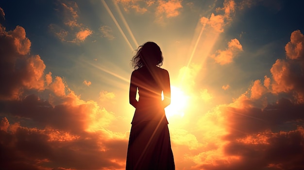 Frau, die mit Himmelshintergrund-Silhouettenkonzept betet