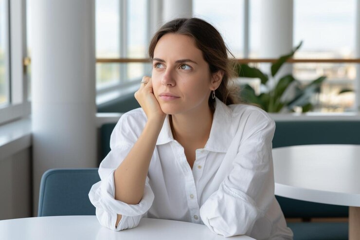 Foto frau, die mit kopie denkt