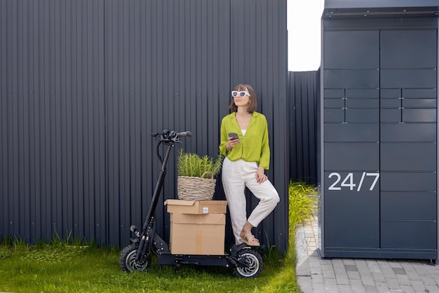 Frau, die mit Telefon in der Nähe von automatischem Postterminal und Roller steht