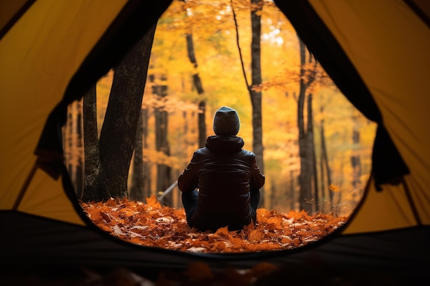 Frau, die nahe Zelt mit generativer ai der Herbstwaldansicht sitzt