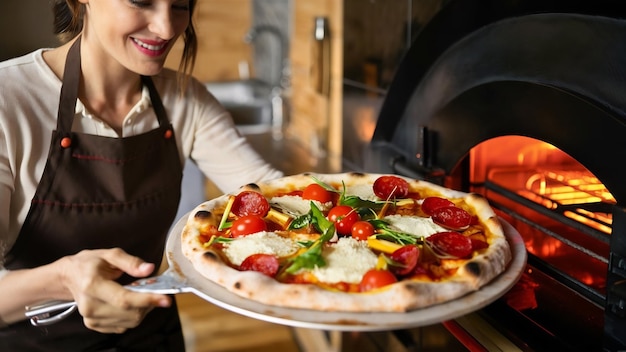 Foto frau, die pizza in den ofen steckt