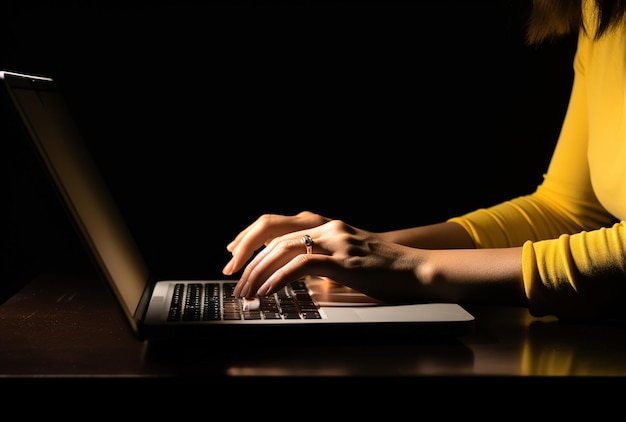 Frau, die remote vor einem Laptop in ihrem Heimbüro arbeitet Nahaufnahme von Händen und Tastatur