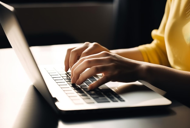 Frau, die remote vor einem Laptop in ihrem Heimbüro arbeitet Nahaufnahme von Händen und Tastatur