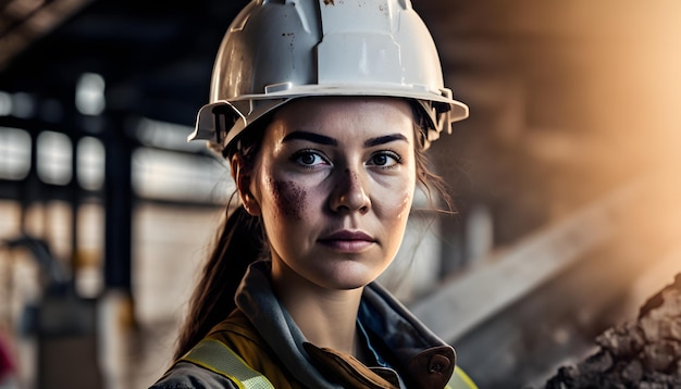 Frau, die Schutzhelm auf einer generativen KI der Baustelle trägt