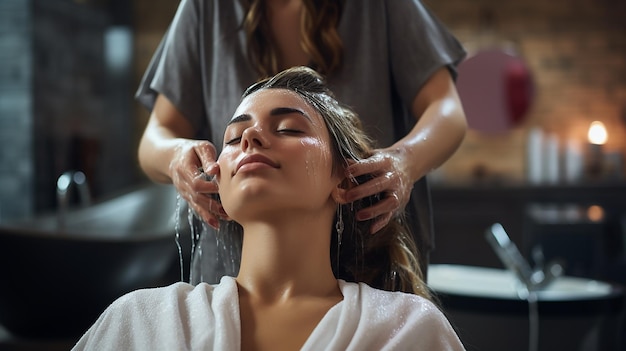 Frau, die Shampoo aufwendet und das Haar eines Kunden massiert Frau, die ihre Haare in einer Frisur wäscht