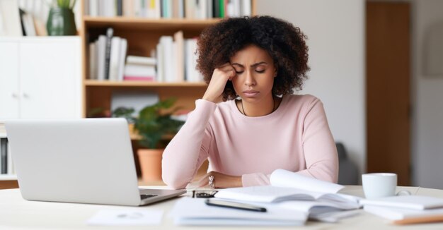 Foto frau, die sich durch das studium an einem heimschreibtisch in die selbstverbesserung vertieft