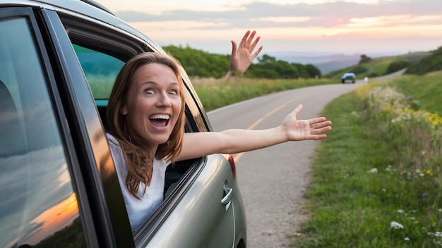 Frau, die sich freut, aus dem Autofenster zu steigen