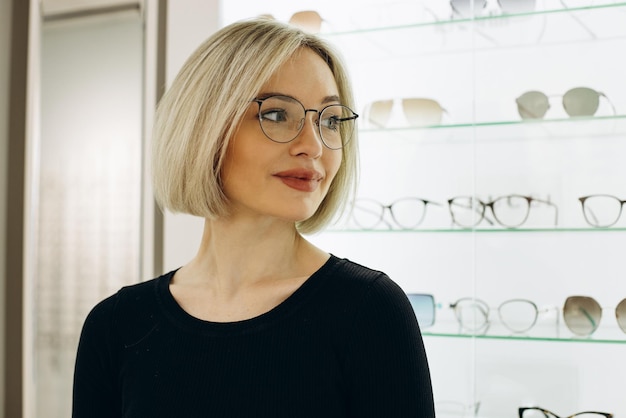 Frau, die sich im Optikgeschäft eine Brille aussucht