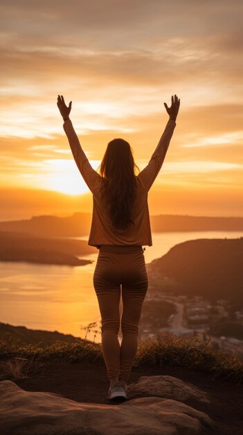 Frau, die sich mit Sonnenaufgang im Hintergrund dehnt