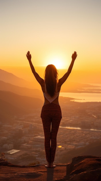 Frau, die sich mit Sonnenaufgang im Hintergrund dehnt