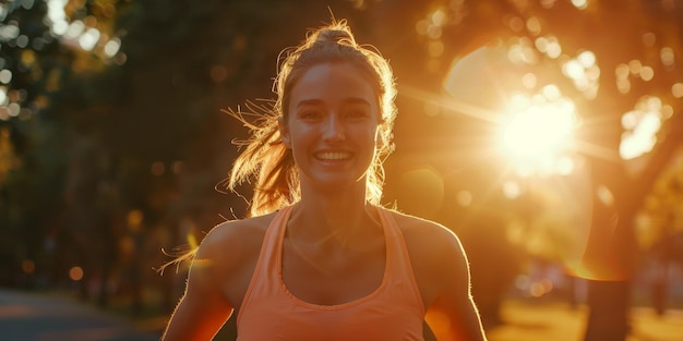 Frau, die Sport treibt, im Park joggt, generative KI