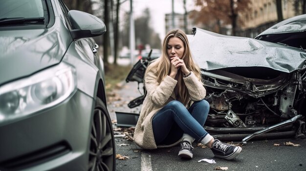 Foto frau, die telefonisch telefoniert, sitzt nach autounfall neben autowrack