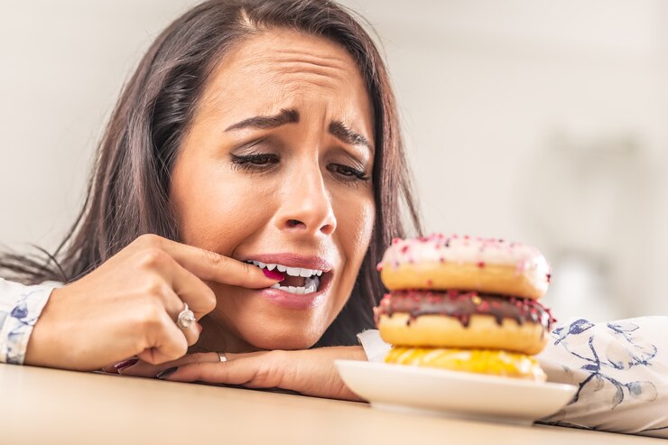 Frau, die verzweifelt versucht, Donuts zu widerstehen und sich in den Finger beißt.