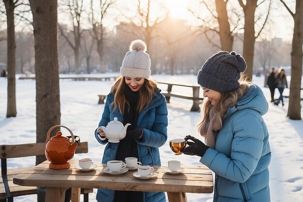 Frau, die während des Winters im Park für ihre Freundin in einem Becher Tee gießt