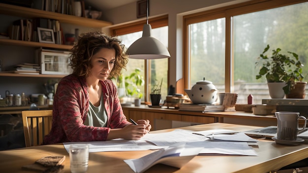 Foto frau, die zu hause rechnungen liest