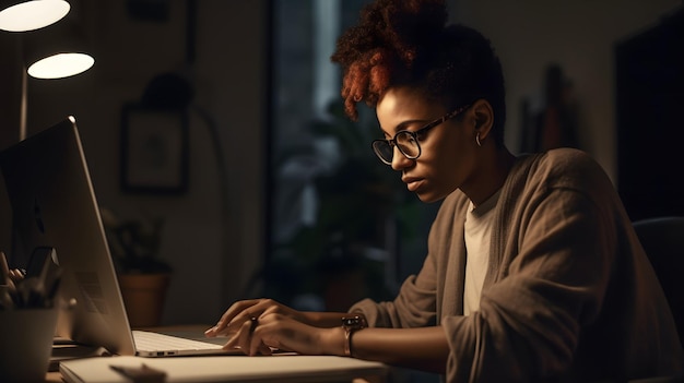 Frau, die zu Hause von einem Computerfriedens-Remote-Job arbeitet Generative KI