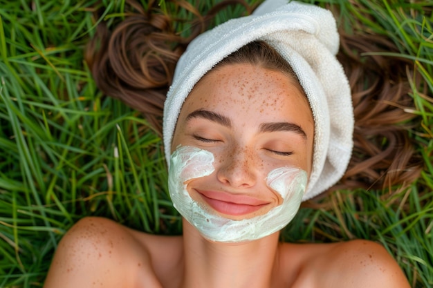 Frau entspannt sich auf dem Gras mit Beauty-Gesichtsmaske Natürliche Hautpflege Wellness Outdoor-Spa-Konzept