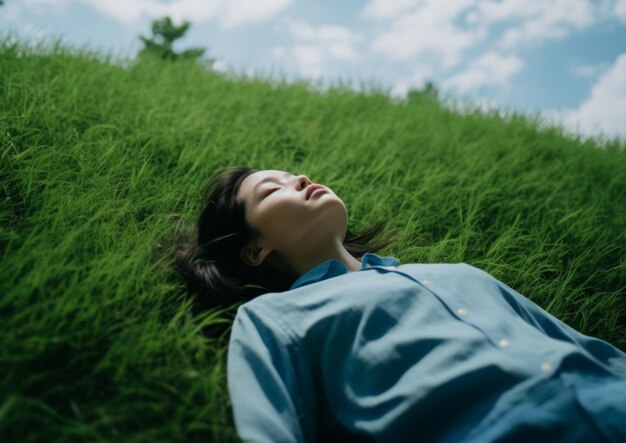 Frau entspannt sich auf grünem Gras unter freiem Himmel, meditative Szenen für den Weltschlaftag, ruhige Landschaften, bewusste Ruhe.