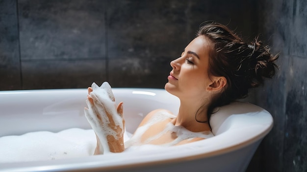 Frau entspannt sich im Bad mit Blasen