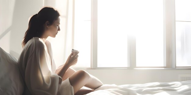 Frau entspannt sich morgens mit dem Smartphone im Bett vor einem großen Fenster.