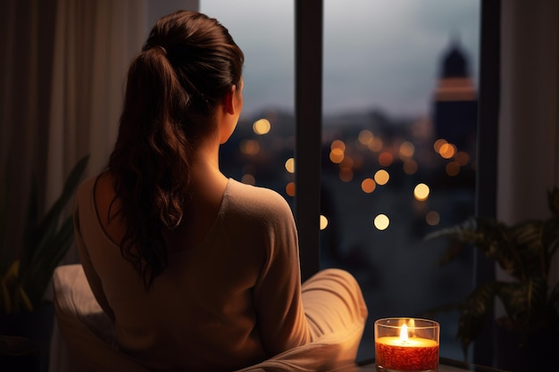 Frau entspannt sich zu Hause Nacht Immobilien Öko Generieren KI