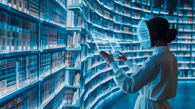 Frau erforscht Bücher in einer futuristischen virtuellen Bibliothek