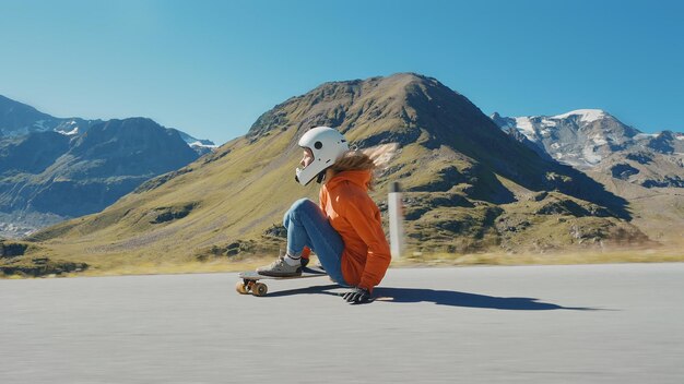 Frau fährt Skateboard und macht Tricks zwischen den Kurven auf einem Bergpass