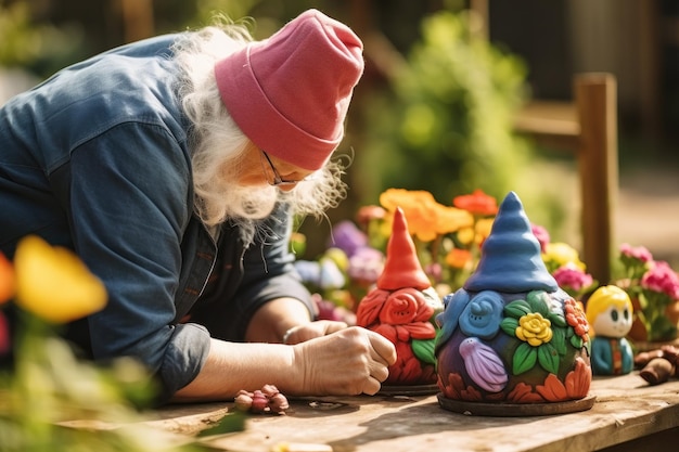 Foto frau färbt gartenzwerg