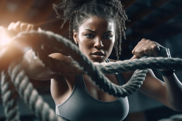 Frau fit Sport amerikanische junge Bauchmuskeln Athletin afrikanische Fitness weibliches Fitnessstudio Seil Generative KI