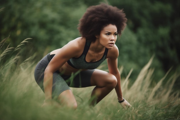 Frau Fitness laufen glücklich Park Übung amerikanische Athletin afrikanisches Mädchen Sporttraining Generative KI