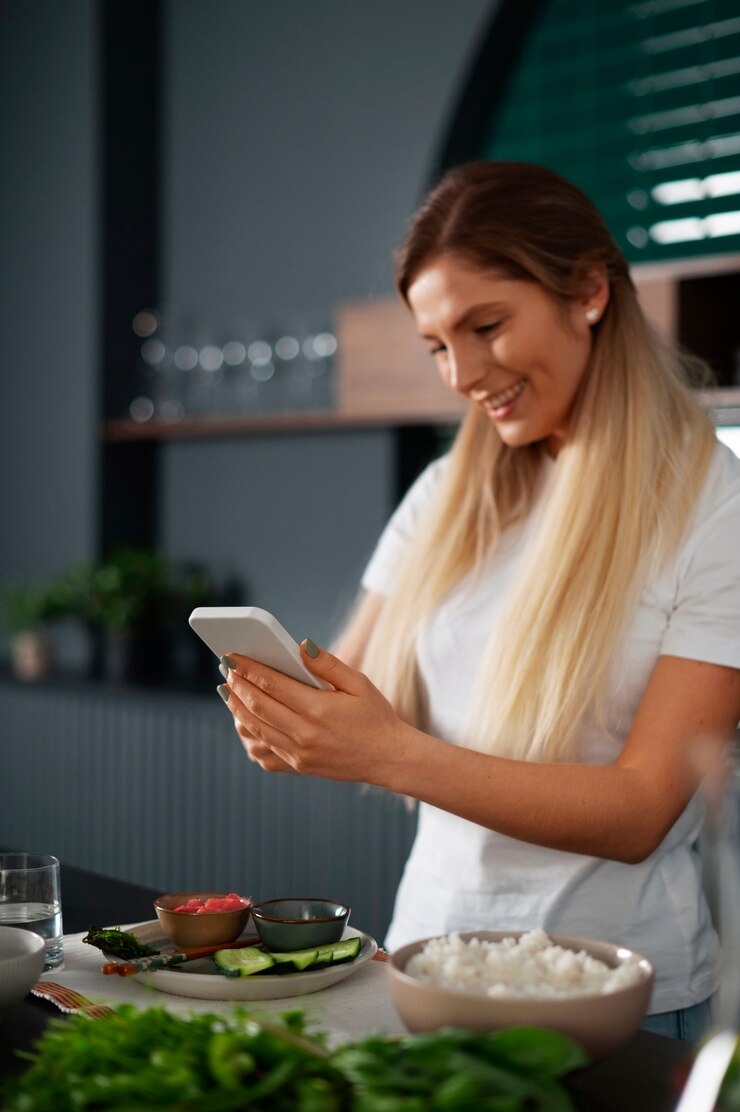 Frau fotografiert Algensnacks