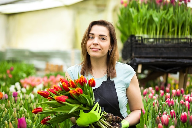 Frau Gärtnerin Floristin hält einen Blumenstrauß in einem Gewächshaus, in dem die Tulpen kultivierenLächelnde Gärtnerin mit Tulpen mit ZwiebelnFrühling viele TulpenBlumen-Konzept