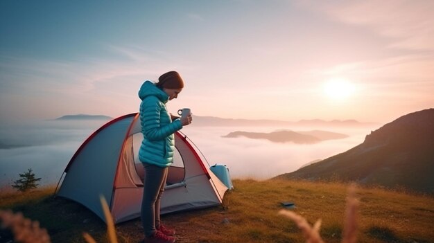 Frau geht allein campen und reist Ein Lebensstil der Freizeit und Reisen Gute generative KI